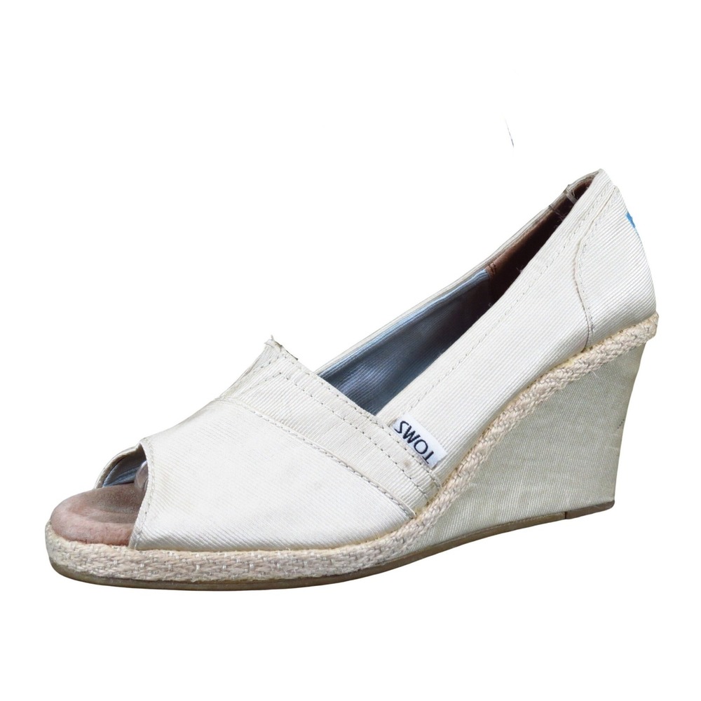 TOMS Calypso Womens Peep Toe Wedge‎ Sandals Size 8 Summer Casual Cream Canvas